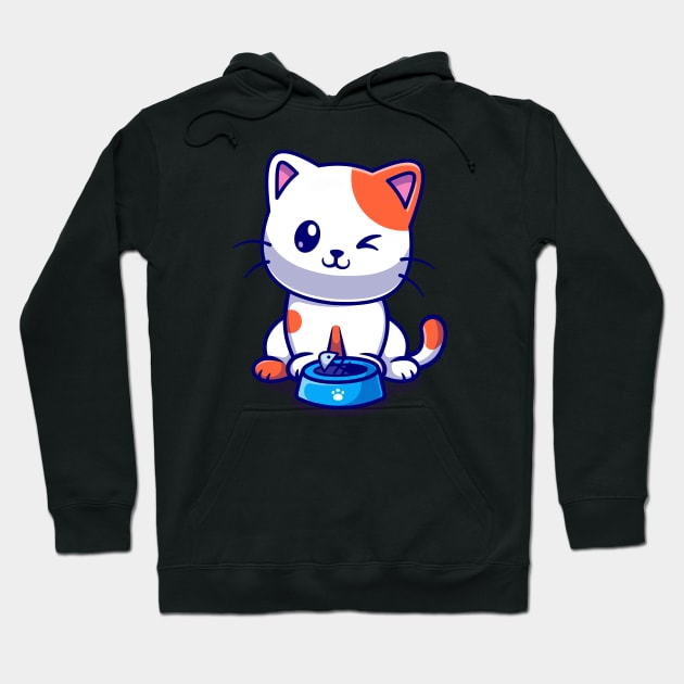 Cute Cat Eating Fish Cartoon Hoodie by Catalyst Labs